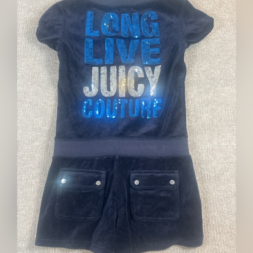 Juicy Couture Velour Romper XS Navy Blue Sequin “Long Live Juicy Couture” Y2K - Picture 2 of 5